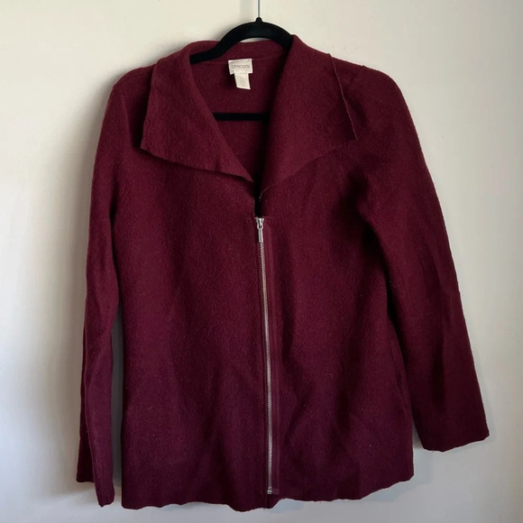 Chico’s Red Wine Boiled Wool Zip Up Moto Jacket Sweater size 0 - Picture 1 of 9